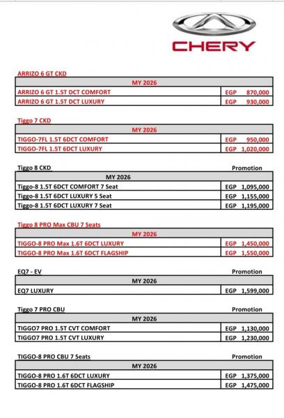 بقيمة تصل إلى 75 ألف جنيه.. ارتفاع أسعار سيارات ”شيرى” 2026 فى السوق المصرية