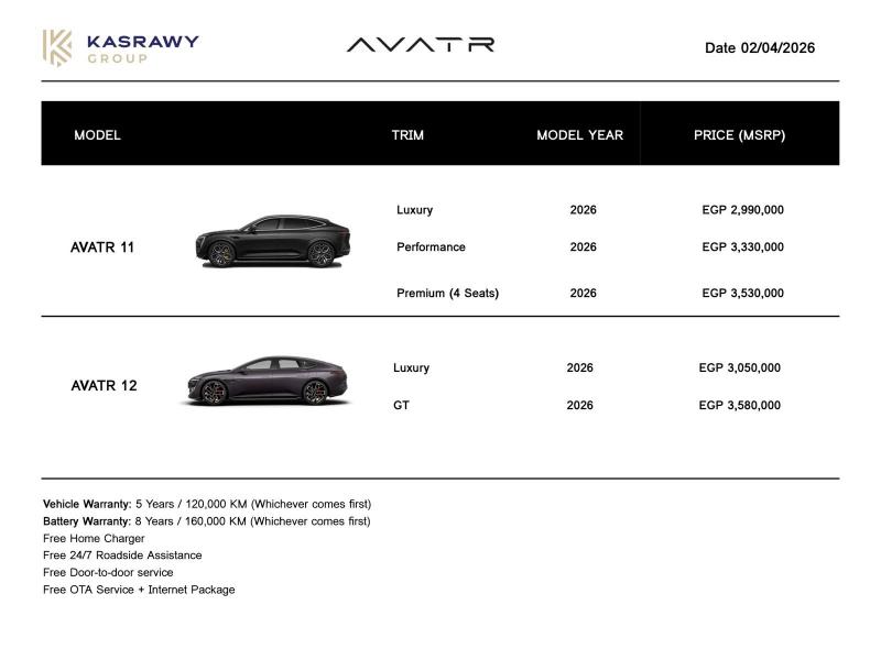 ”قصراوى جروب” تعلن عن أحدث قائمة سعرية لسيارات ”AVATR” بزيادات تتراوح ما بين 60 إلى 100 ألف جنيه