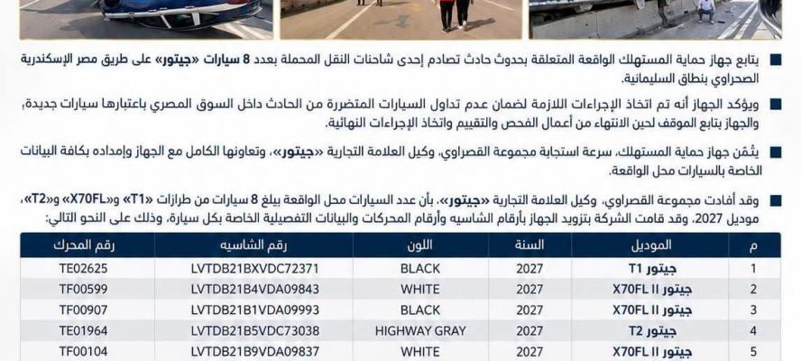 ”قصراوى جروب” تبادر بإخطار جهاز حماية المستهلك بحادث انقلاب شاحنة سيارات ”جيتور” وتؤكد عدم طرح السيارات المتضررة كسيارات جديدة